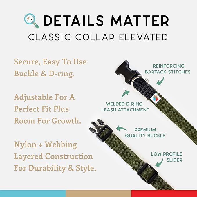 Dog Collar, Lightweight, Heavy Duty Dog Collar with Buckle, Fabric Pet Collar, Breathable & Adjustable Puppy Collar, Dog Collar for Large Dogs (Olive, Large - 14-24 Inch) - Wildebeest