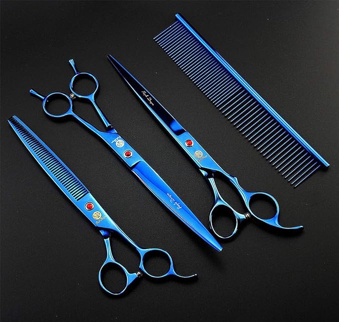 Purple Dragon 8.0" Titanium Multicolor Professional Pet Grooming Scissors Set,Straight & Thinning & Curved Scissors Shear with Bag for Dog Cat Grooming