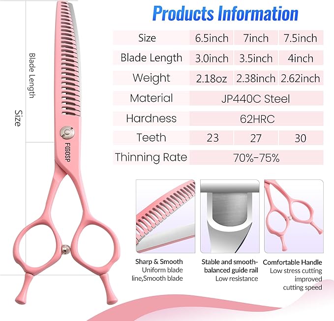 Curved Chunkers Dog Grooming Scissors 7.5" Macarone Series Professional Pet Grooming Shears for Large Dogs Pets Japan 440C Stainless Steel Sharp & Durable(Pink, 30Teeth Curved Thinners)