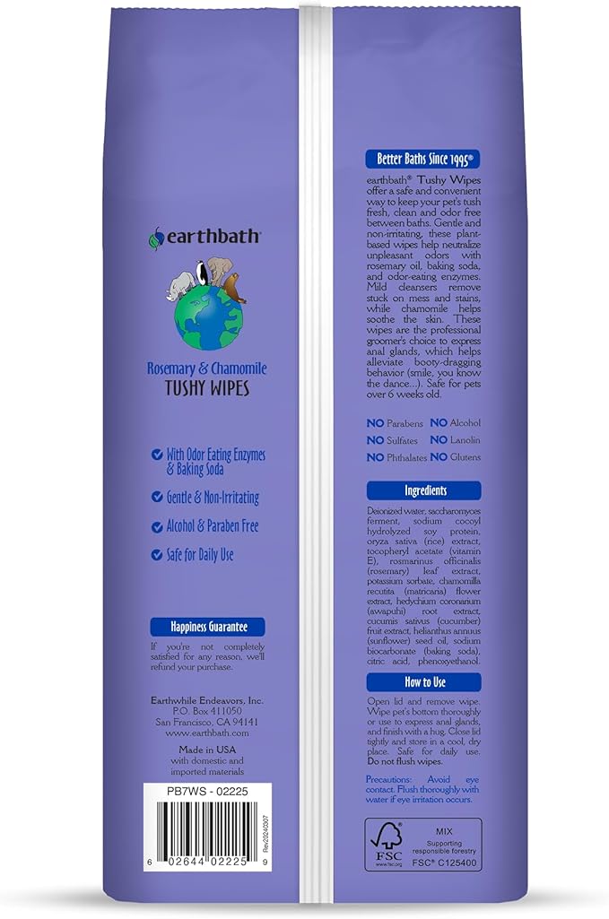 earthbath, Rosemary & Chamomile Tushy Wipes - Dog Wipes for Paws and Butt, Pet Wipes for Dogs & Cats, Made in USA, Cruelty-Free Dog Cleaning Wipes, Helps Neutralize Odors - 100 Count (1 Pack)