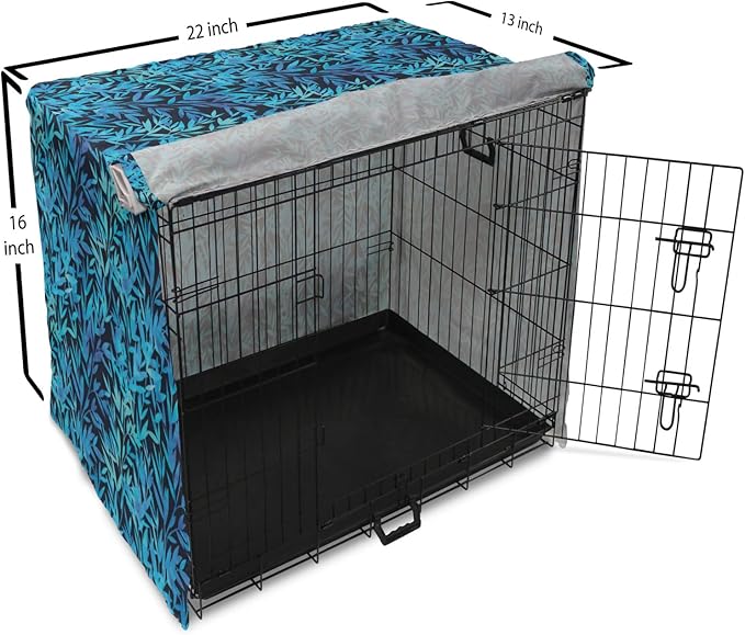 Lunarable Leaf Print Dog Crate Cover, Watercolor Hawaiian Inspired Nature Exotic Silhouettes on Dark Back, Easy to Use Pet Kennel Cover for Medium Large Dogs, 22 Inch, Violet Blue Turquoise