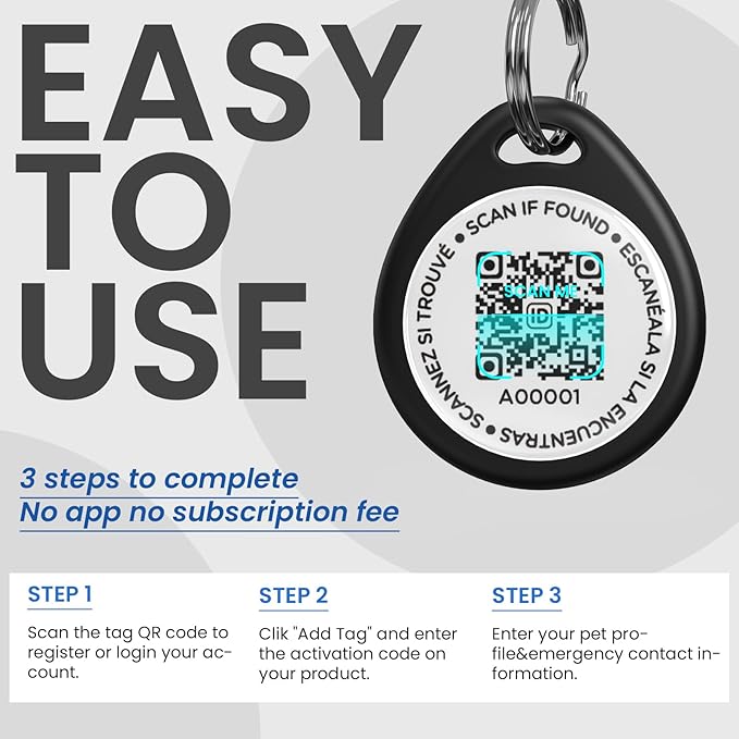 Dog Tags Personalized, QR Code Pet ID Tags for Dog Collar, Online Profile, Scan Location Alerts, Black