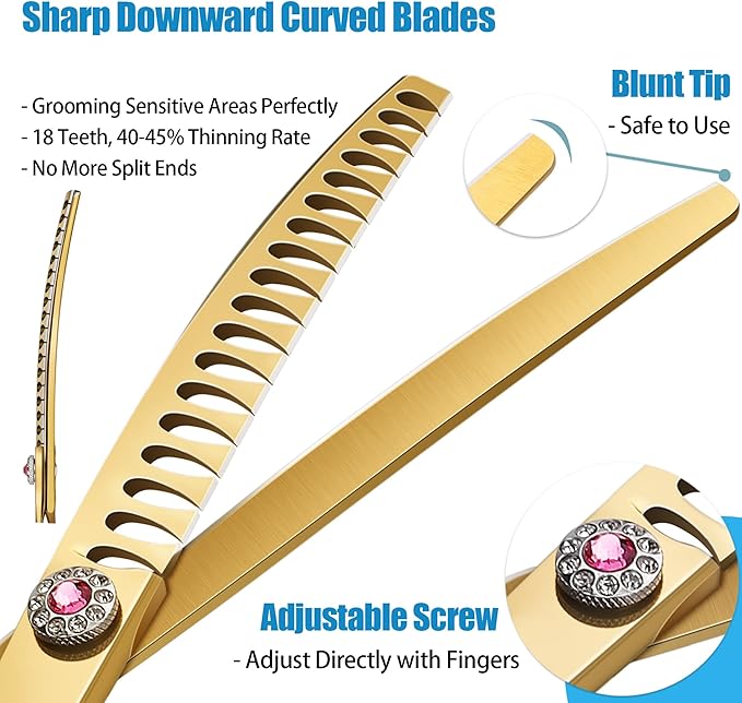 7" Downward Curved Dog Grooming Scissors for Grooming Face and Paws Safety Dog Chunker Trimming Cutting Shears for Dog Cat Pet Grooming Gold