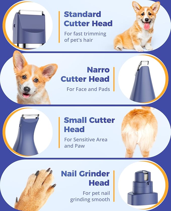 oneisall Dog Clippers & Dog Paw Trimmer 4-in-1 Cordless Grooming Kit: 2-Speed Low Noise Clippers with Rechargeable Quiet Nail Grinder for Dogs & Cats (Blue)