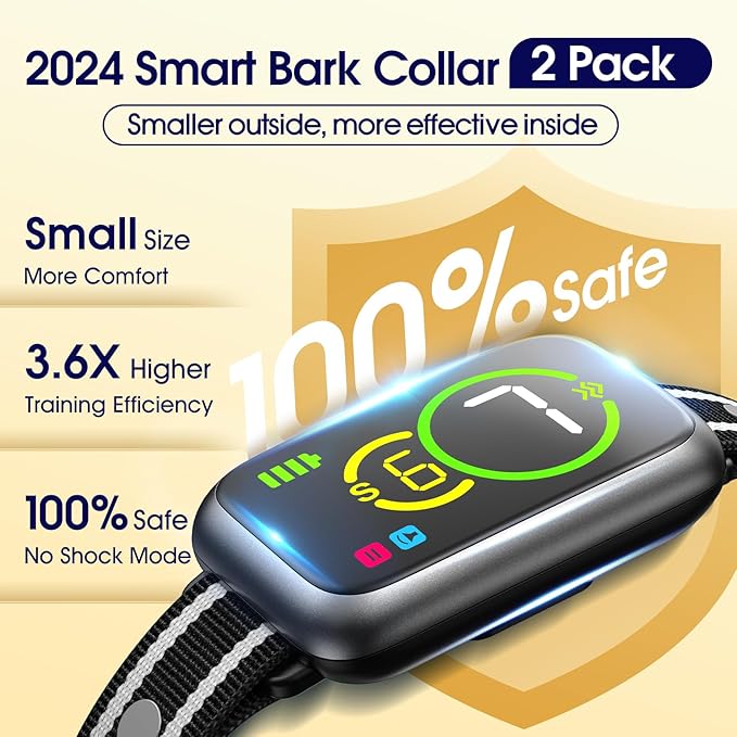 Dog Bark Collar 2 Pack, Smart Bark Collar for Small Medium Large Dogs, Safe & Humane Dog Barking Collar, Automatic Anti Bark Collar with Adjustable Beep Vibration Modes and 7 Sensitivity，Black