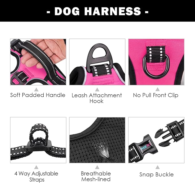 PHOEPET Reflective Dog Harness Large Breed Adjustable No Pull Vest with Handle 2 Metal Rings 3 Buckles [Easy to Put on & Take Off](XL, Pink)