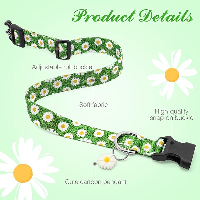 BiPawTi Green Dog Collars for St. Patrick's Day, Floral Dog Collars for Medium Dog - Pretty Flower Spring Dog Collar with Daisies Charms, Gift for Female Male Boys Girls Dogs (M, Green)
