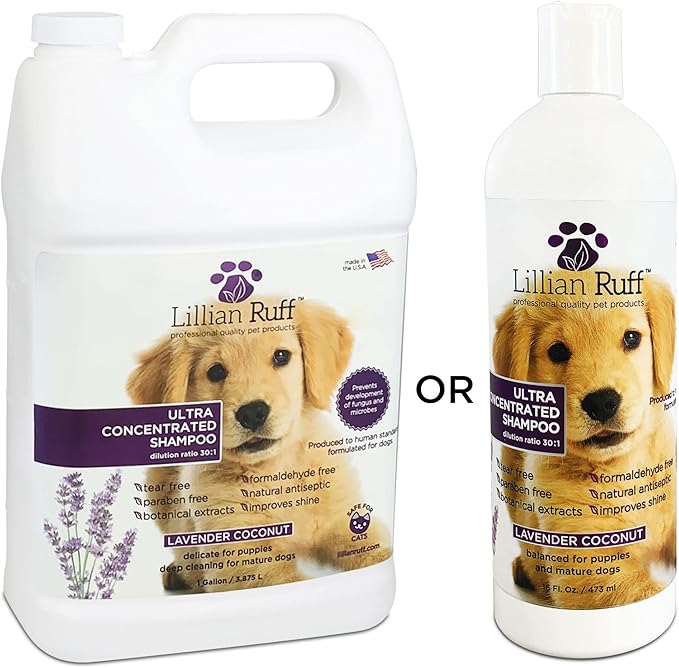 Lillian Ruff High Concentrate Professional Grooming Shampoo for Dogs with Hydrating Essential Oils – 30:1 Concentration for Bathing System - Clean, Condition, & Deodorize Dry Sensitive Skin (Gallon)