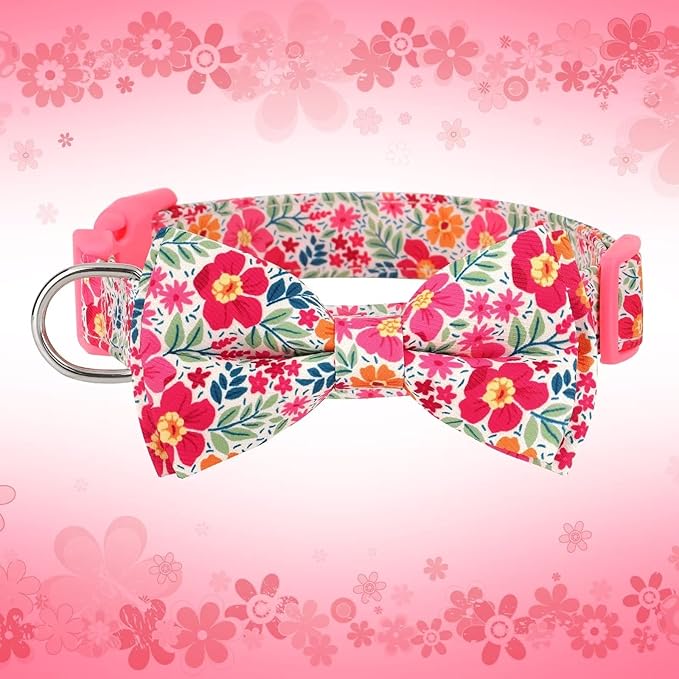 Didog Floral Dog Collar with Bow, Cute Girl Dog Collars with Detachable Bowtie, Soft & Comfy Spring Summer Dog Collar for Small Medium Large Dogs Gift Holiday, Pink, S