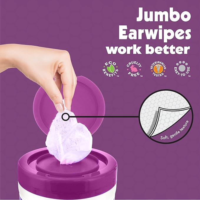 Petkin Jumbo Pet Ear Wipes, 80 Extra Moist Wipes, 2 Pack -Soothing & Deodorizing Pet Ear Cleaner to Remove Dirt, Odor, & Wax-Safe, Convenient, & Easy to Use Pet Wipes for Dogs, Cats, Puppies & Kittens