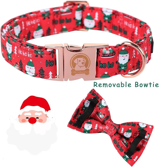 MR. CHUBBYFACE Santa Claus Dog Collar with Bowtie, Cotton Boy Girl Dog Collars with Metal Buckle Cute Christmas Collars for Puppy Small Medium Large Dogs