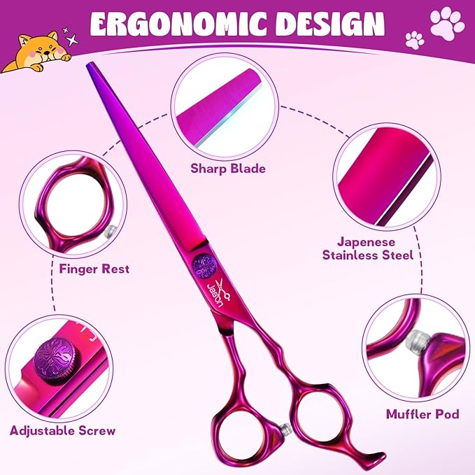 JASON Dog Grooming Scissors Set - Professional 6 in 1 Dog Shears Set - 7" Thinning Scissors, 7" Straight, 7" Up-Curved, 7" Down-curved Scissors and Comb for Dog Cat Pet with Adjustable Screw