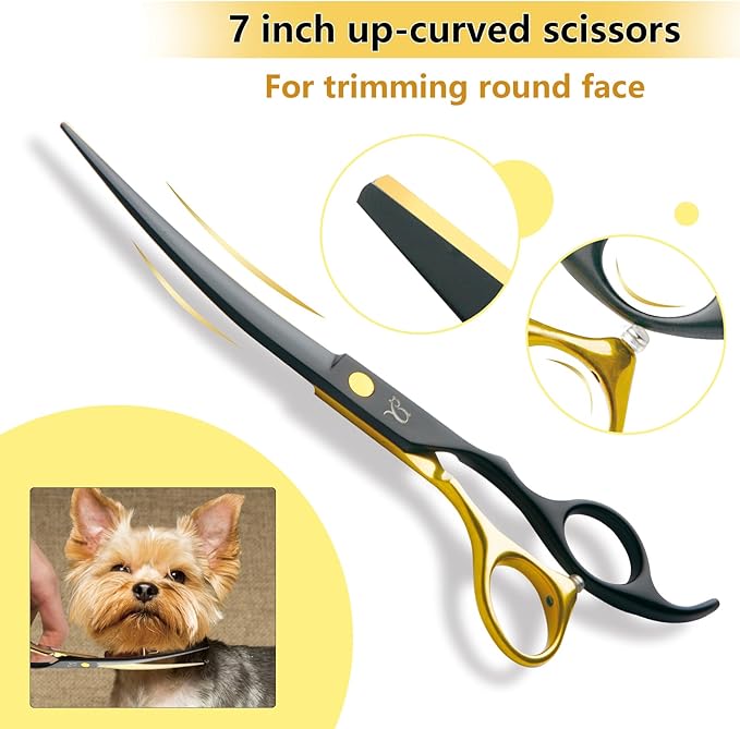 Dog Grooming Scissors,Paint Coated Curved Scissors Thinning Scissors with Safety Round Tips, Sharp and Durable 5 in 1 Dog Scissors for Grooming