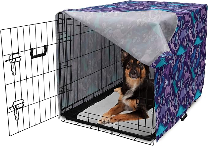 Lunarable Jurassic Dog Crate Cover, Abstract Cartoon Dinosaur Pattern Ferns Caricature Style Creatures Prehistoric, Easy to Use Pet Kennel Cover for Medium Large Dogs, 36 Inch, Blue Purple
