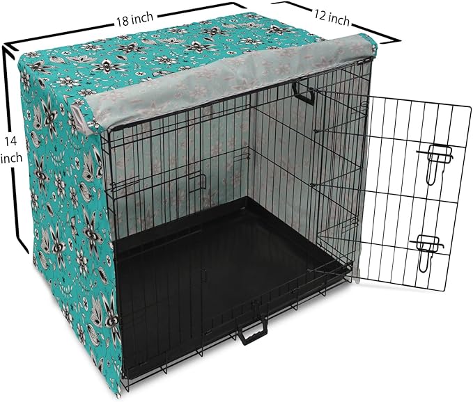 Lunarable Flower Dog Crate Cover, Abstract Monochrome Floral with Botanical Items, Easy to Use Pet Kennel Cover for Small Dogs Puppies Kittens, 18 Inch, Seafoam Grey