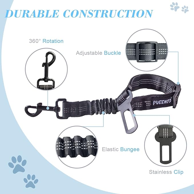 2 Pack Dog Seat Belt Adjustable Dog Car Seatbelts for Vehicle Nylon Pet Safety Seat Belt with Elastic Bungee Buffer Reflective & Durable Car Harness for Dogs