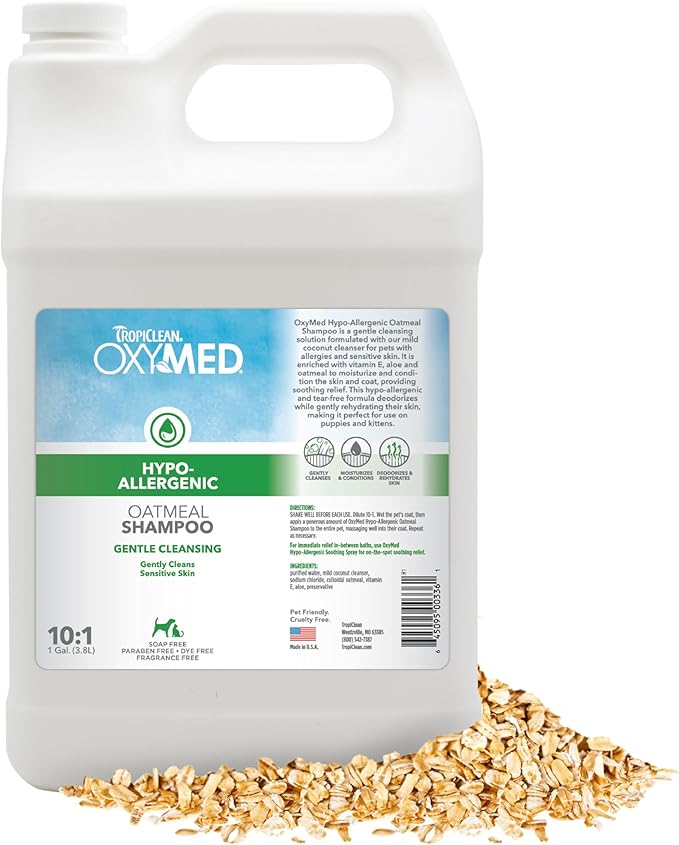 TropiClean OxyMed Hypoallergenic Dog Shampoo for Allergies and Itching, Skin Soothing Shampoo for Pets with Sensitive Skin, Tearless, Cat Safe, 1 Gallon