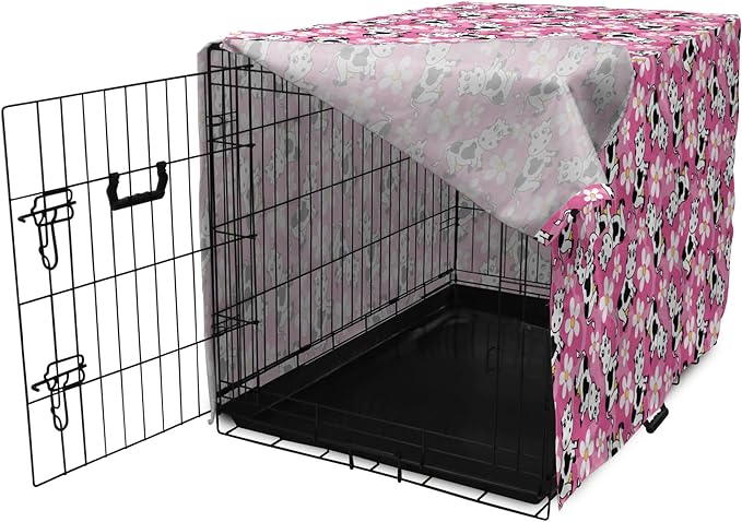 Lunarable Cow Dog Crate Cover, Cartoon Pattern Domestic Farm Animal and Daisy Flowers, Easy to Use Pet Kennel Cover for Small Dogs Puppies Kittens, 22 Inch, Pink Charcoal Grey