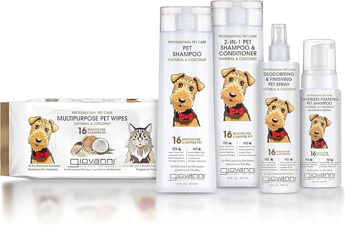 GIOVANNI Professional Foaming Waterless Pet Shampoo - Oatmeal & Coconut Helps Neutralize Odors, Cleanses, Silkens, Controls Static, Freshens Fur - 8 oz (Pack of 2)