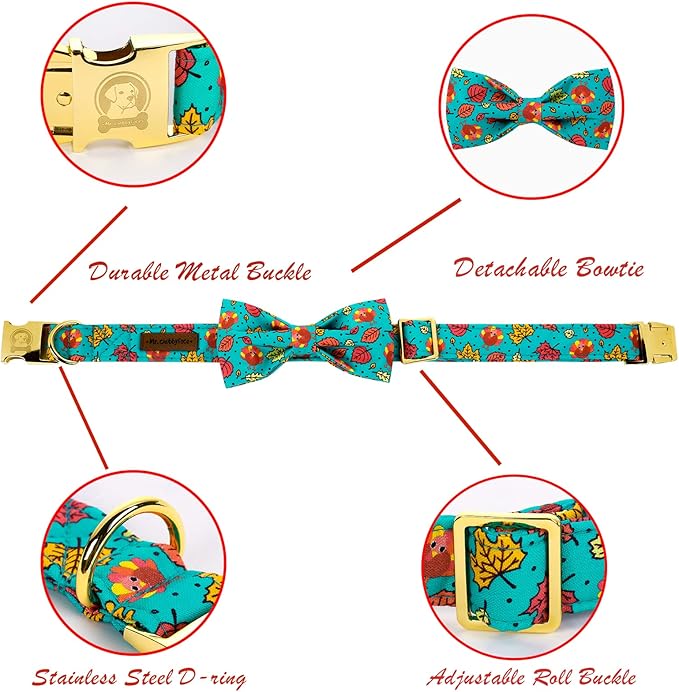 MR. CHUBBYFACE Thanksgiving Dog Collar Fall Maple and Turkey Dog Collar with Bow Adjustable Dog Collar Bowtie for Small Medium Large Dogs