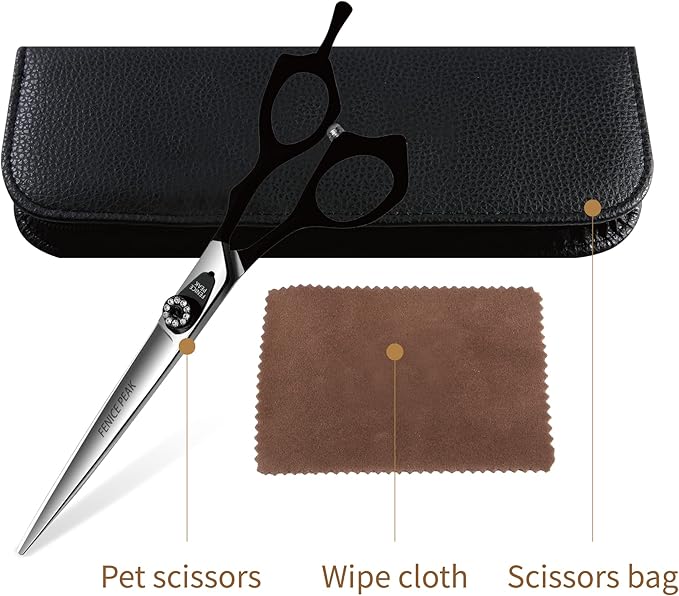 Fenice Peak 7'' Dog Straight Scissors for Grooming Heavy and Anti-Slip Black Handler 440C Stainless Steel Professional Pet Trimming Scissors Sharp Blades Cutting for Dogs and Cats