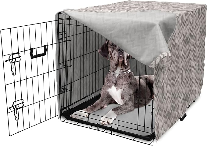 Lunarable Chevron Dog Crate Cover, Monochrome Stripes 3 Dimensional Pattern Geometric Chevron Design Abstract, Easy to Use Pet Kennel Cover for Medium Large Dogs, 48 Inch, Taupe and Grey