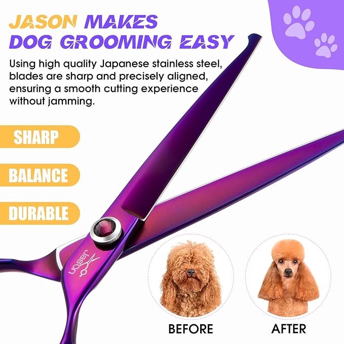 JASON Dog Scissors for Grooming - 7.5" Straight Scissors for Dog Grooming with Round Tips, Japanese 440C Stainless Steel Straight Shears with Diamond Adjustable Screw
