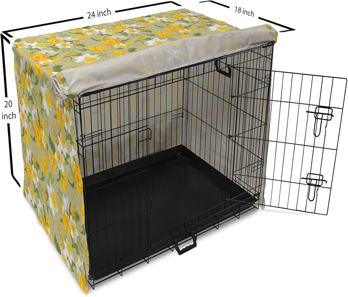 Lunarable Daffodil Dog Crate Cover, Vintage Inspirations Floral Arrangement Pattern Romantic Bouquet Nature, Easy to Use Pet Kennel Cover for Cats & Medium Dogs, 24 Inch, Green Marigold White