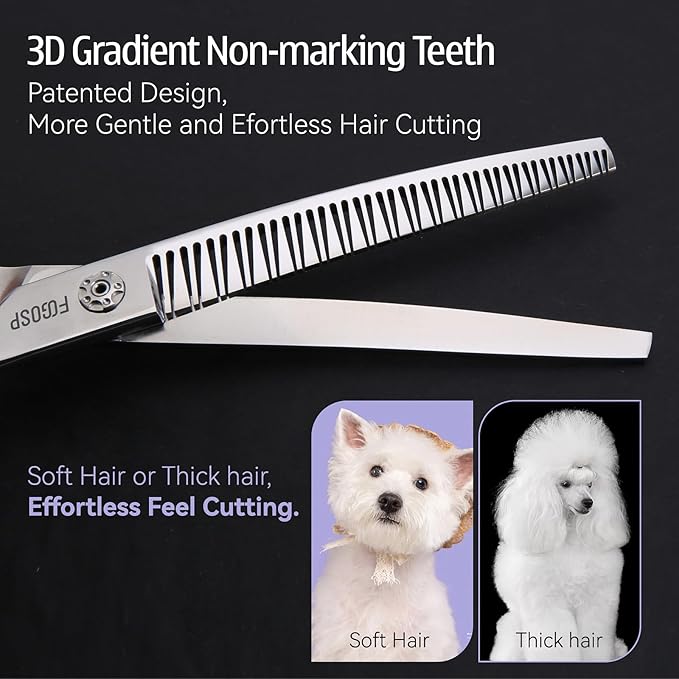Professional 3D Curved Chunkers Dog Grooming Scissors 7in Magic Thinning Shears for Dogs Pet Cat Light Cutting Feel No Marks Only Fluffy Natural 70% Thinning Rate Japan Alloy Steel(7,3D)