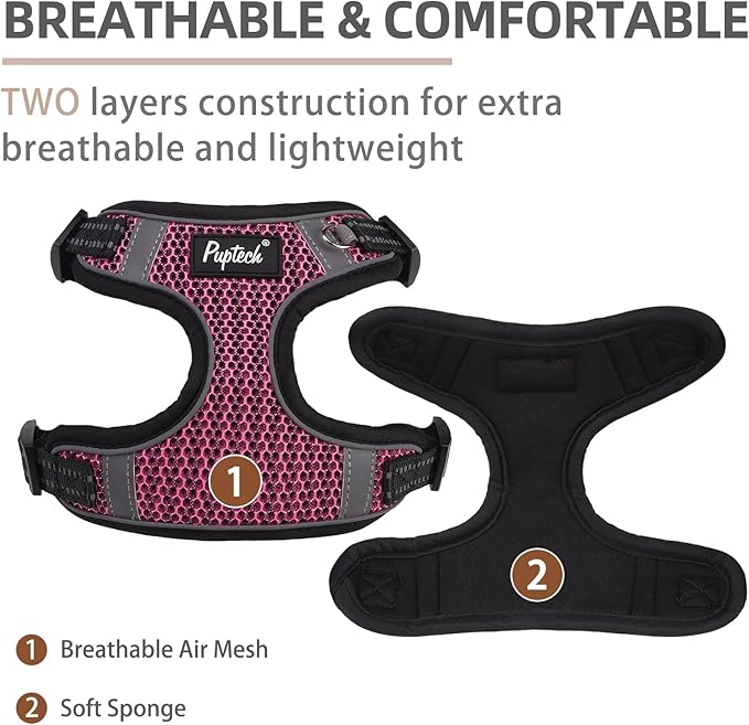 PUPTECK No Pull Dog Harness and Leash Set Reflective No Choke Step in Puppy Halter for XS Small and Medium Sized Dogs, HotPink, Breathable Mesh, L