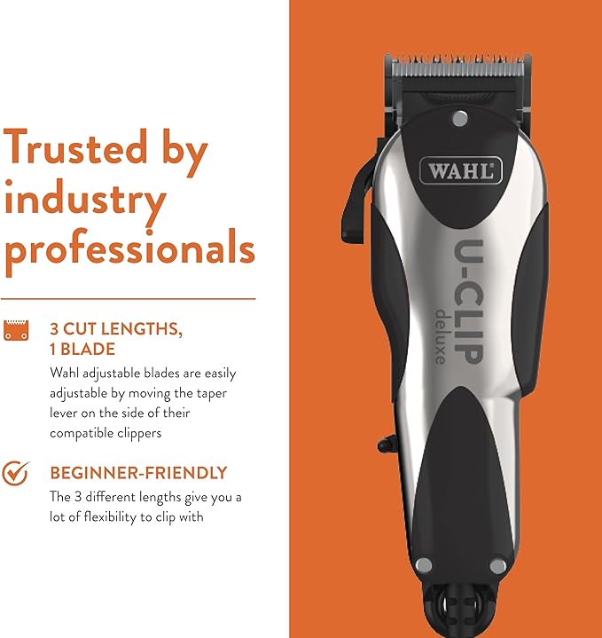 Wahl Pro Animal Deluxe U-Clip - Dog & Cat Trimmer with 3 Cutting Lengths & 7 Attachment Combs - Premium Grooming Tools for Light & Medium Coats - Black & Chrome