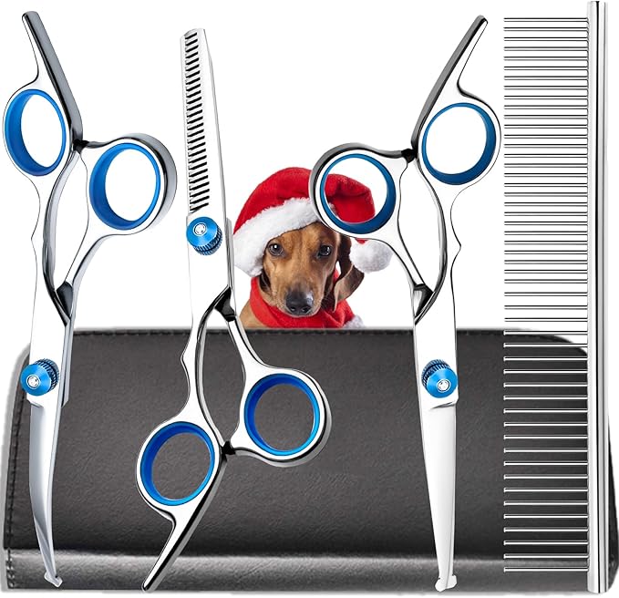 SUMFREY Dog Grooming Scissors with Safety Round Tips，Professional 5 in 1 Dog Grooming Kit ，Dog Scissors for Grooming Sharp and Durable, DGS001