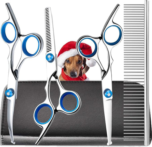 SUMFREY Dog Grooming Scissors with Safety Round Tips，Professional 5 in 1 Dog Grooming Kit ，Dog Scissors for Grooming Sharp and Durable, DGS001
