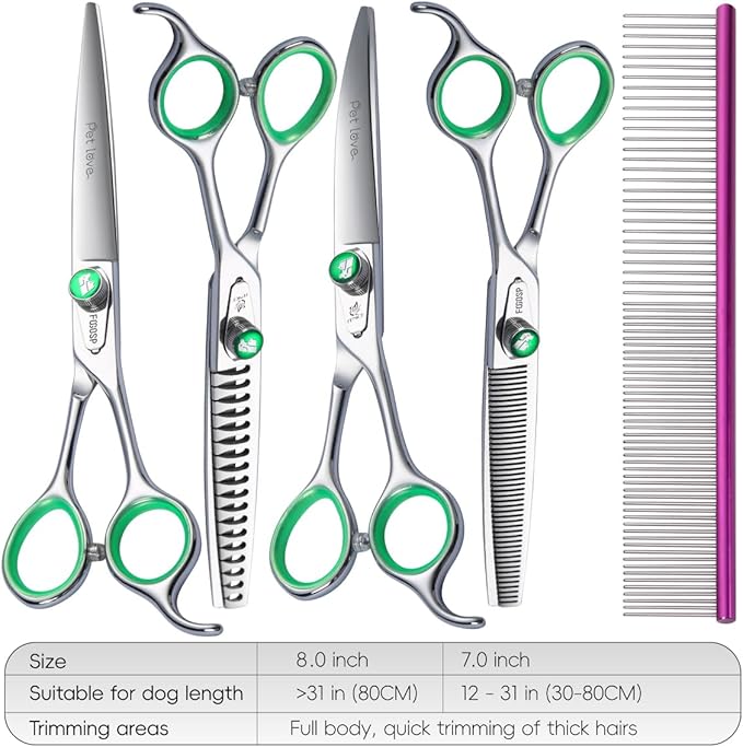 Professional Dog Grooming Scissors Kit Japan 440C Stainless Steel 7.0 in Curved Thinning Straight Chunker Shears and Comb 5pcs Set for Grooming Dogs Cat Pet
