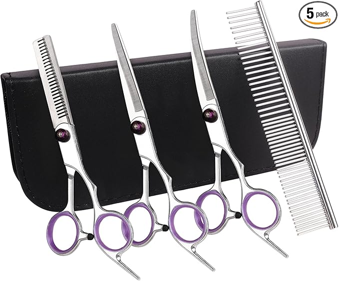 Premium Dog Grooming Scissors with Safety Round Tips, 5 in 1 Dog Grooming Scissors Kit, 4CR Stainless Steel Premium Pet Grooming Shears for Dog, Sharp and Durable, Blue