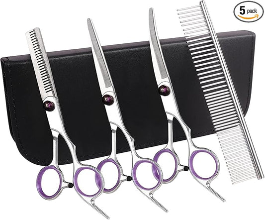 Premium Dog Grooming Scissors with Safety Round Tips, 5 in 1 Dog Grooming Scissors Kit, 4CR Stainless Steel Premium Pet Grooming Shears for Dog, Sharp and Durable, Blue