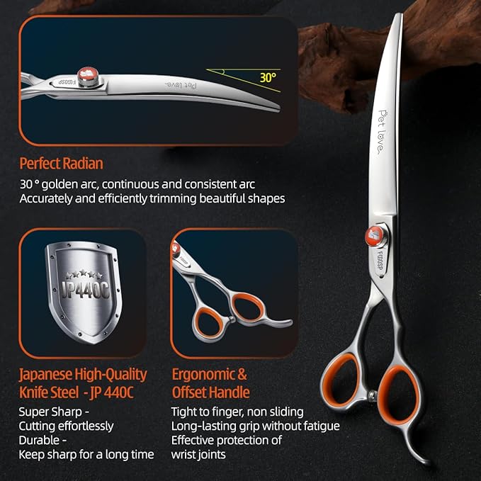 Professional Curved Scissors for Dog Grooming 7 inch 30 Degree Downward Curved Shears Dog Grooming Japan 440C Stainless Steel Master Tools for Dogs Cats Shih Tzu