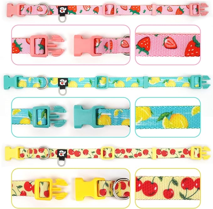 azuza 3 Pack Fruit Design Dog Collars Comfortable and Adjustable Nylon Dog Collars for Puppy Small Dogs, XS (8-12inch)，Strawberry，Lemon and Cherry