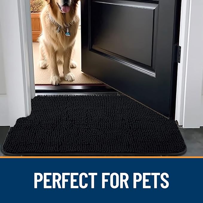OLANLY Dog Door Mat for Muddy Paws 48x30, Absorbs Moisture and Dirt, Absorbent Non-Slip Washable Mat, Quick Dry Chenille, Mud Mat for Dogs, Entry Indoor Door Mat for Inside Floor, Black