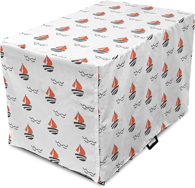 Lunarable Sail Boat Dog Crate Cover, Abstract Boat Waves Cartoon Drawing Style Geometric Pattern, Easy to Use Pet Kennel Cover for Cats & Medium Dogs, 24 Inch, Salmon Black Grey