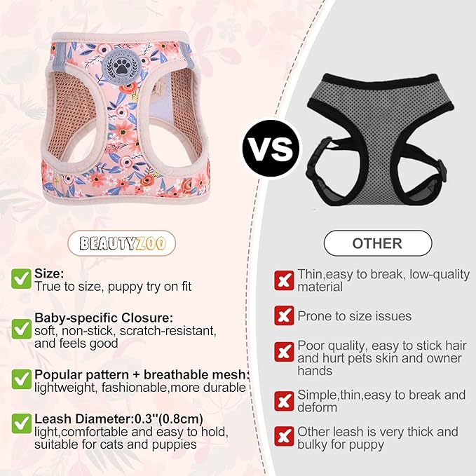 BEAUTYZOO Step in Dog Harness and Leash Set, Floral Pattern Reflective Dog Harness No Pull No Choke Puppy Harness for XXS XS S Dogs Cats, Soft Padded Mesh Vest Harnesses for Girl and Boy Pets