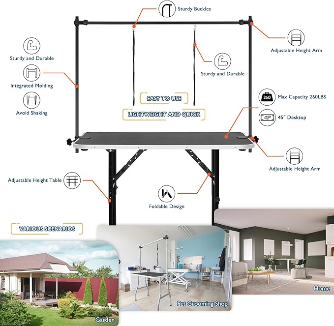 LEIBOU 45'' Height Adjustable(23''~33.8'') and Foldable Pet Dog Grooming Table Heavy Duty Iron Frame with H-Shape Grooming Arm & 3 Noose, Maximum Capacity Up to 260lbs, Black
