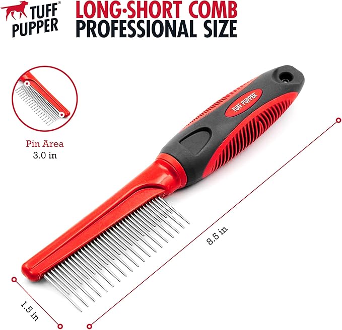 Tuff Pupper Dual Length Detangling Dog Comb | Short and Long Teeth Outer & Inner Coat | Ergonomic Pet Detangling Combs | No-Slip Safety Handle For Precision Control | Rounded Tips Prevent Scratching