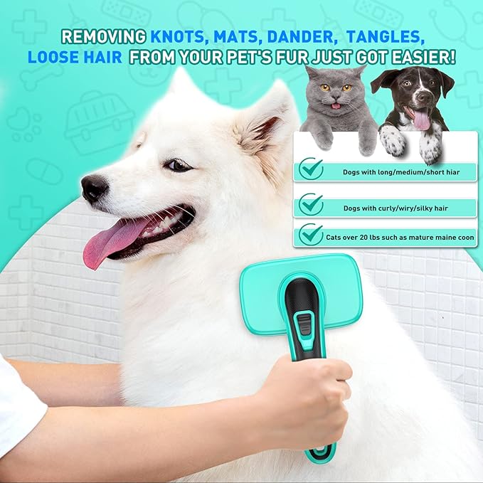 Dog Brush for Shedding, Self-Cleaning Slicker Brush, Short & Long Haired Pets, Removes Mats, Tangles, Loose Fur, Gentle on Skin, Ideal for Small, Medium, Large Dogs, Pet Comb, Aqua Green