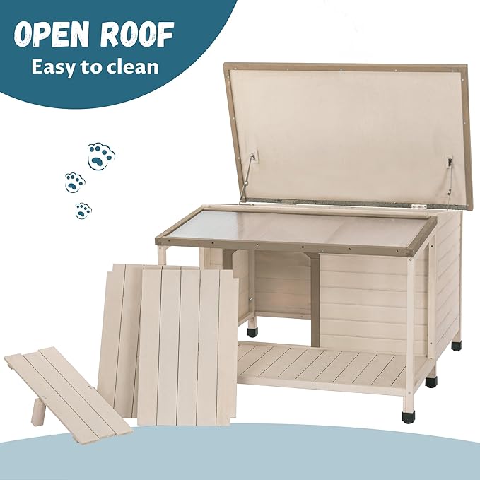 Wood Dog House Outside, Dog House with Open Roof and Terrace Durable Waterproof Doghouse for Small to Medium Dogs-Beige