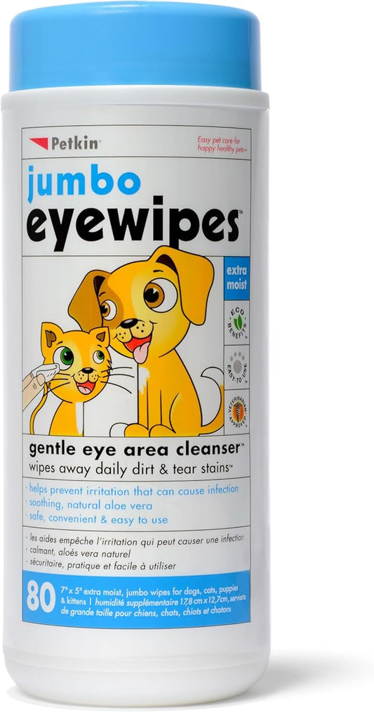 Petkin Jumbo Pet Eye Wipes, 80 Extra Moist Wipes - Gentle Eye Cleansing Wipes Remove Dirt, Discharge, & Tear Stains - Safe, Convenient, & Easy to Use Pet Wipes for Dogs, Cats, Puppies & Kittens