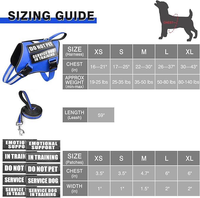 Service Dog Harness and Leash Set, Training Dog Vest with 10 Dog Patches, Emotional Support Therapy Dog Vest Harness for Small Medium Large and Extra Large Dogs(Blue, XL)