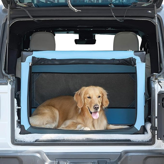JOYTUTUS Collapsible Dog Crate, 37 Inch Portable Pet Crate for Car, Travel Dog Kennel Foldable Dog Crate for Large Dog 70lbs, Soft Cat Carrier Fit for Indoor & Outdoor/Trunk (Blue)