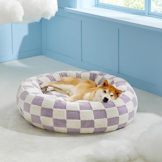 Lesure Donut Large Dog Bed - Round Cat Beds for Indoor Cats Anti-Anxiety Calming Pet Beds, Washable Cute Modern Beds with Teddy Sherpa Plush & Anti Slip Bottom Purple