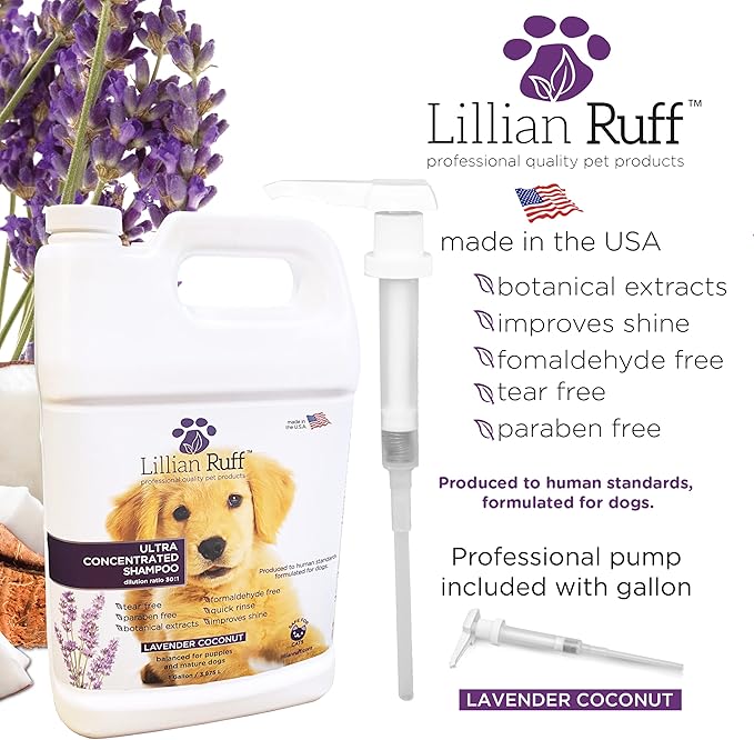 Lillian Ruff High Concentrate Professional Grooming Shampoo for Dogs with Hydrating Essential Oils – 30:1 Concentration for Bathing System - Clean, & Deodorize Dry, Sensitive Skin (Gallon/Pump)